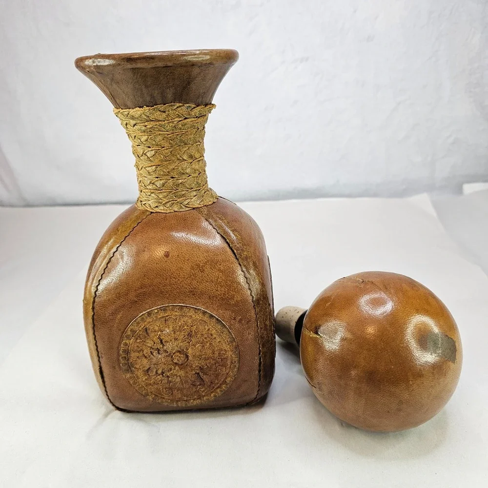 Vintage Brown Leather Decanter Bottle w/ Ball Stopper Rustic Neck Made‎ in Italy
